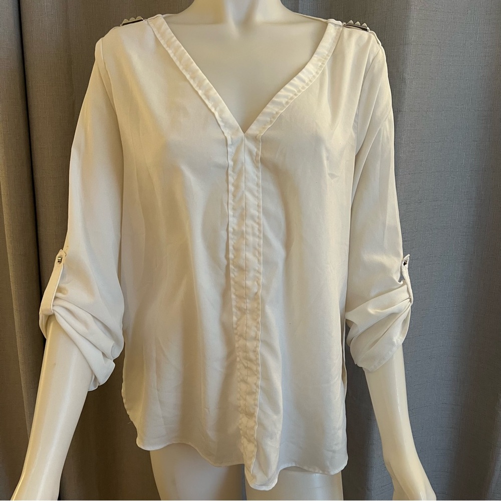 Zara XL White Long Sleeve Blouse with Silver Stud Details Business Casual